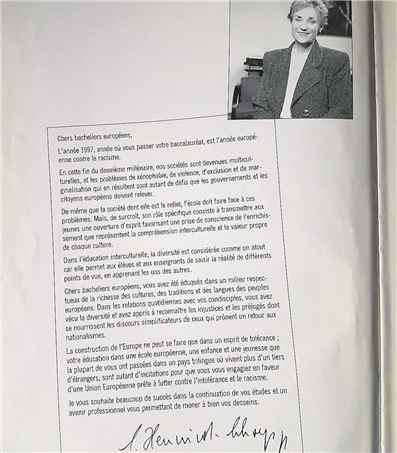 Cette lettre de l'ancienne ministre Erna Hennicot-Schoepges, parue dans le «year book» de 1997 d'un bache lier européen luxembourgeois, sonne comme un écho aux propos de Claude Meisch aujourd'hui. (Photo : c.d. /Photo : c. d. / école européenne de luxembourg)