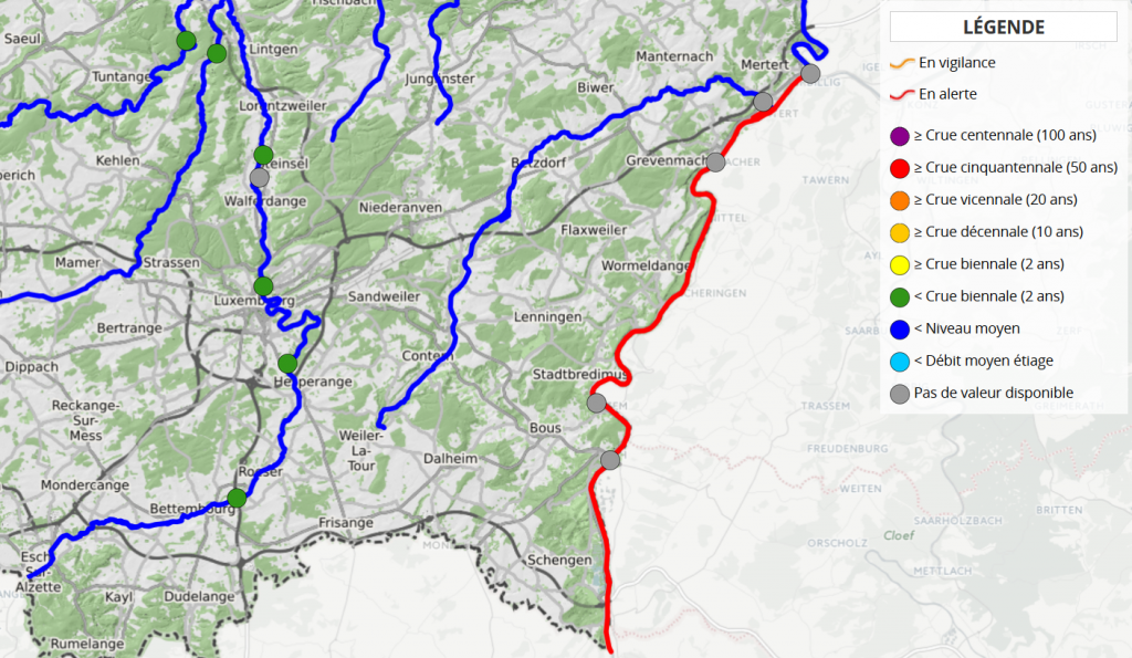 La Moselle connait un débit exceptionnel. (Capture d'écran www.inondations.lu)